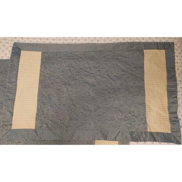 VTG Teal & Cream Contrast Stitching QUILTED SATIN King Sized Pillow SHAMS VGC - Picture 5 of 9